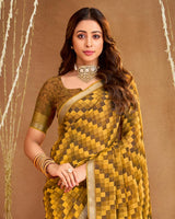 Vishal Prints Earthy Brown And Mustard Printed Georgette Saree With Fancy Border