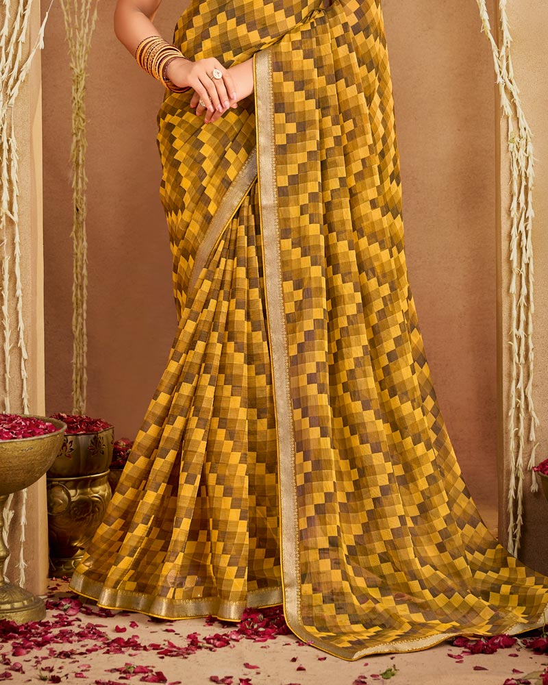 Vishal Prints Earthy Brown And Mustard Printed Georgette Saree With Fancy Border