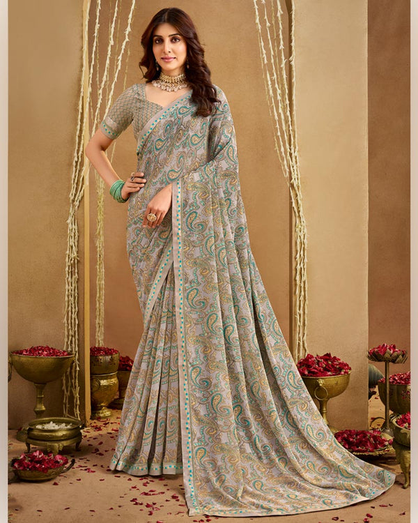 Vishal Prints Dusty Grey Printed Georgette Saree With Fancy Border