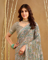 Vishal Prints Dusty Grey Printed Georgette Saree With Fancy Border