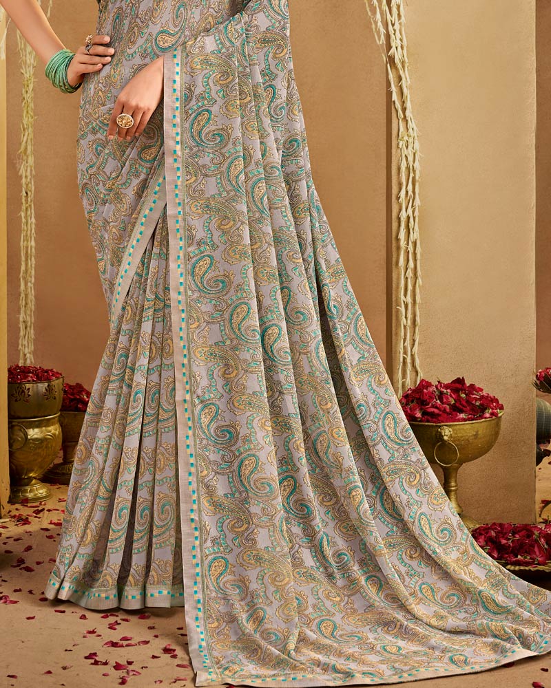 Vishal Prints Dusty Grey Printed Georgette Saree With Fancy Border