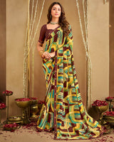 Vishal Prints Coffee Brown And Light Yellow Printed Georgette Saree With Fancy Border