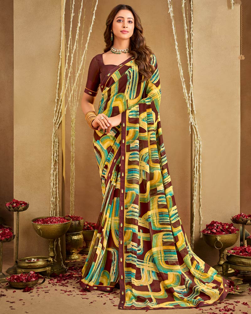 Vishal Prints Coffee Brown And Light Yellow Printed Georgette Saree With Fancy Border