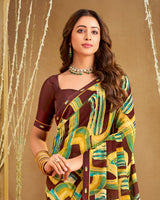 Vishal Prints Coffee Brown And Light Yellow Printed Georgette Saree With Fancy Border