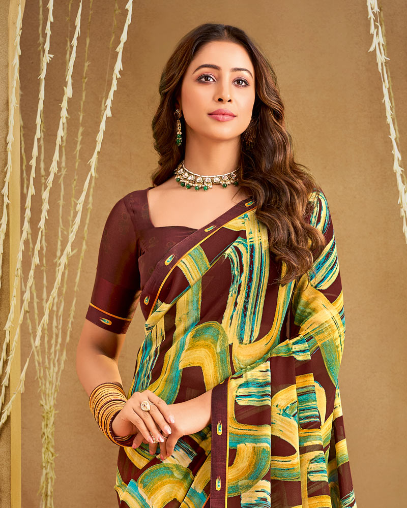 Vishal Prints Coffee Brown And Light Yellow Printed Georgette Saree With Fancy Border