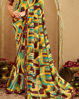 Vishal Prints Coffee Brown And Light Yellow Printed Georgette Saree With Fancy Border