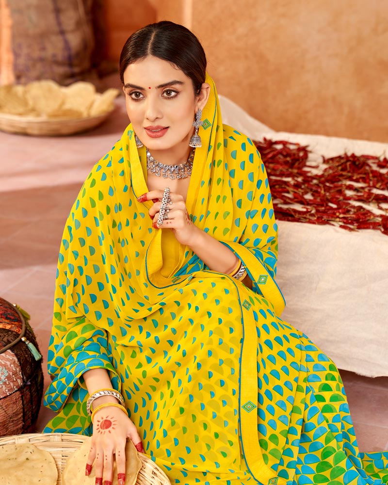 Vishal Prints Yellow Printed Georgette Saree With Fancy Border