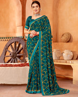 Vishal Prints Dark Teal Blue Printed Georgette Saree With Fancy Border
