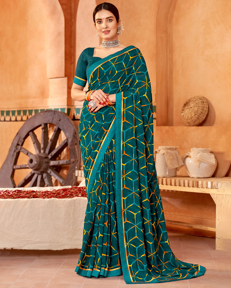 Vishal Prints Dark Teal Blue Printed Georgette Saree With Fancy Border