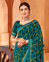 Vishal Prints Dark Teal Blue Printed Georgette Saree With Fancy Border