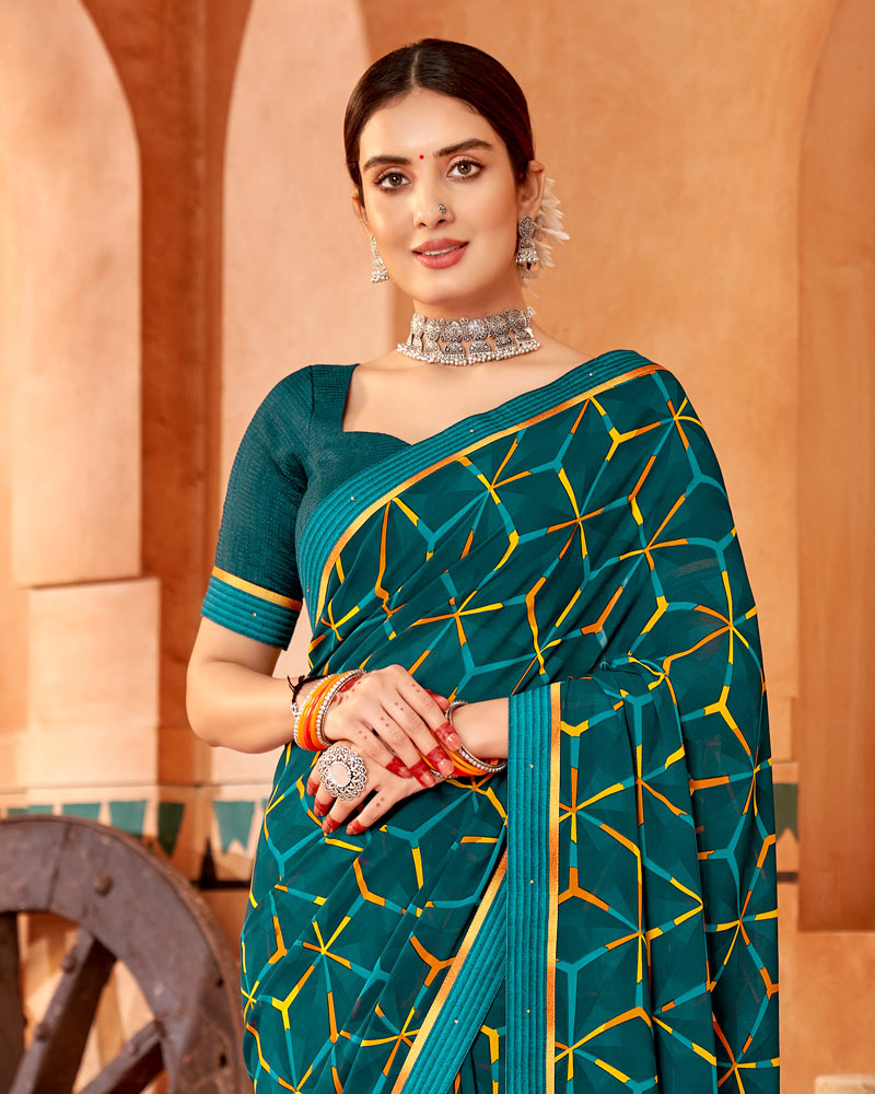 Vishal Prints Dark Teal Blue Printed Georgette Saree With Fancy Border