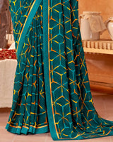 Vishal Prints Dark Teal Blue Printed Georgette Saree With Fancy Border