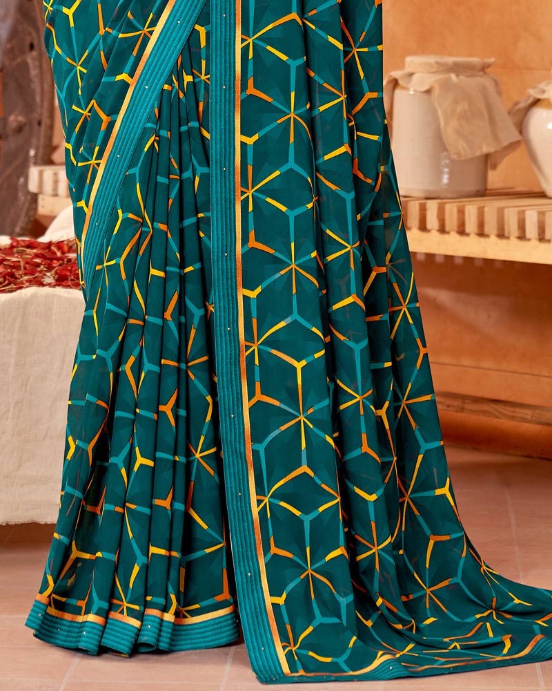 Vishal Prints Dark Teal Blue Printed Georgette Saree With Fancy Border