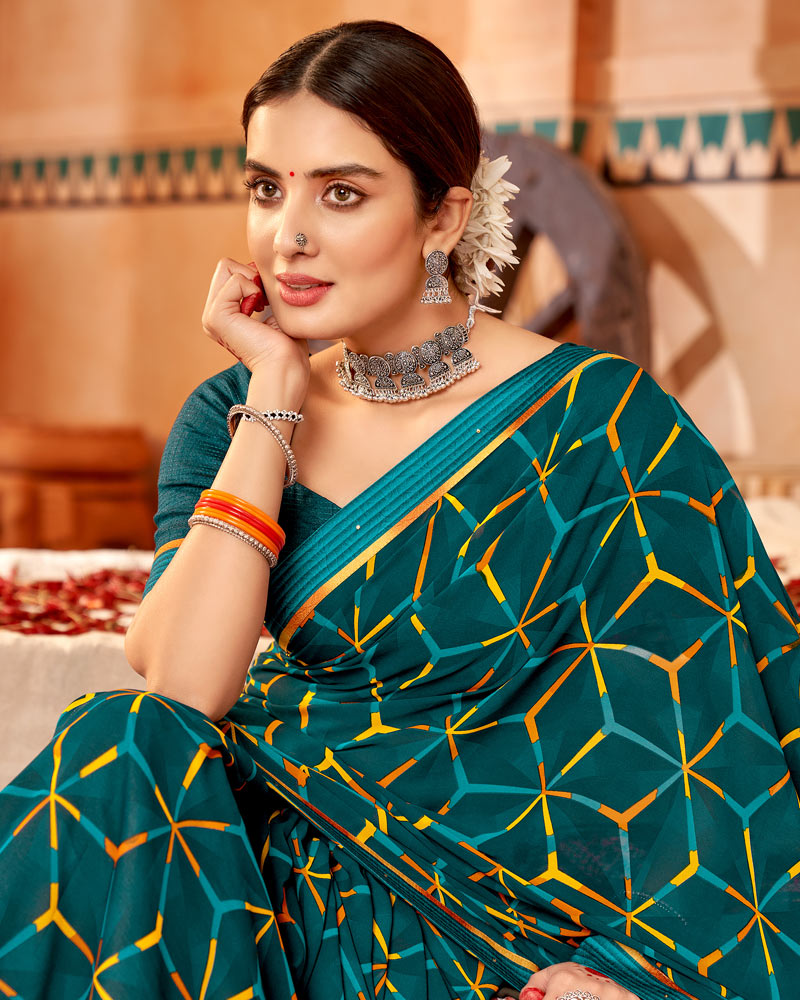 Vishal Prints Dark Teal Blue Printed Georgette Saree With Fancy Border