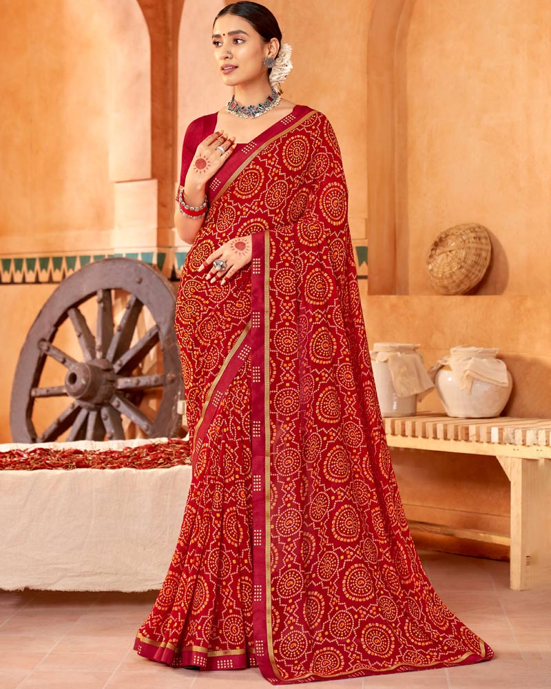Vishal Prints Dark Red Printed Georgette Saree With Fancy Border