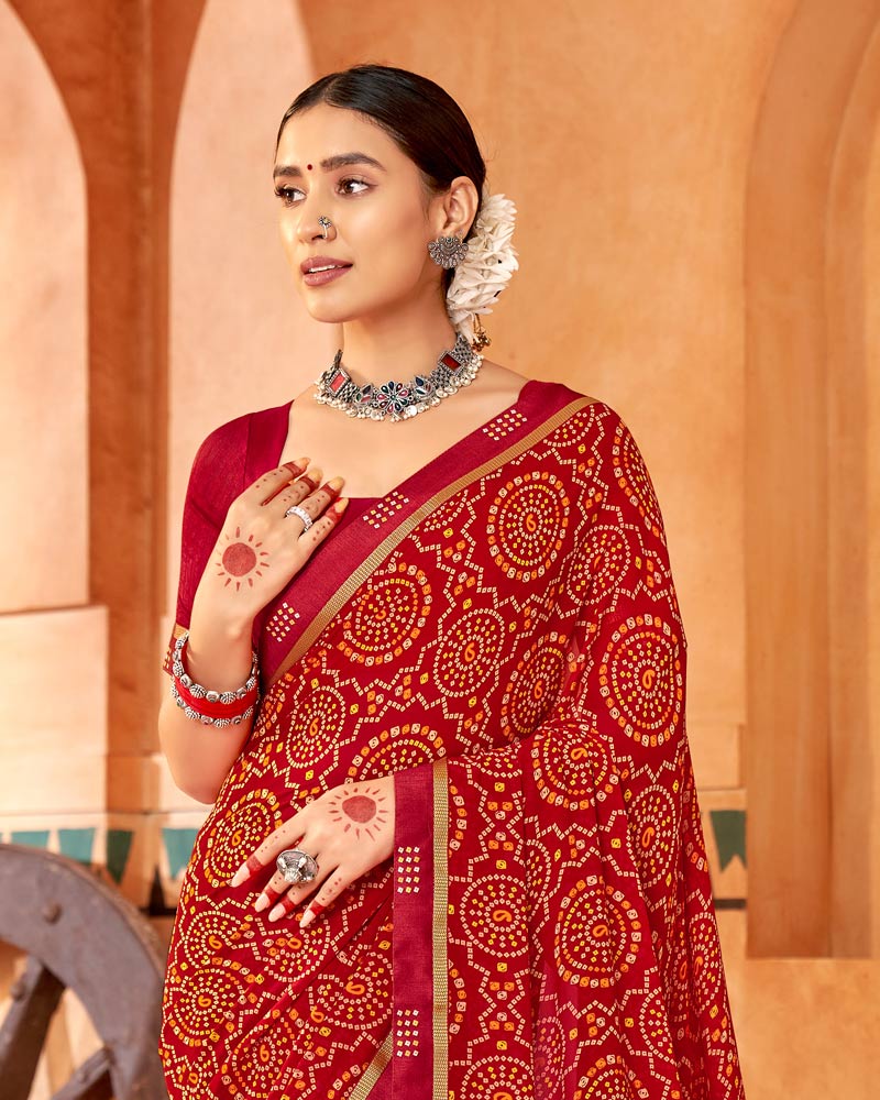 Vishal Prints Dark Red Printed Georgette Saree With Fancy Border