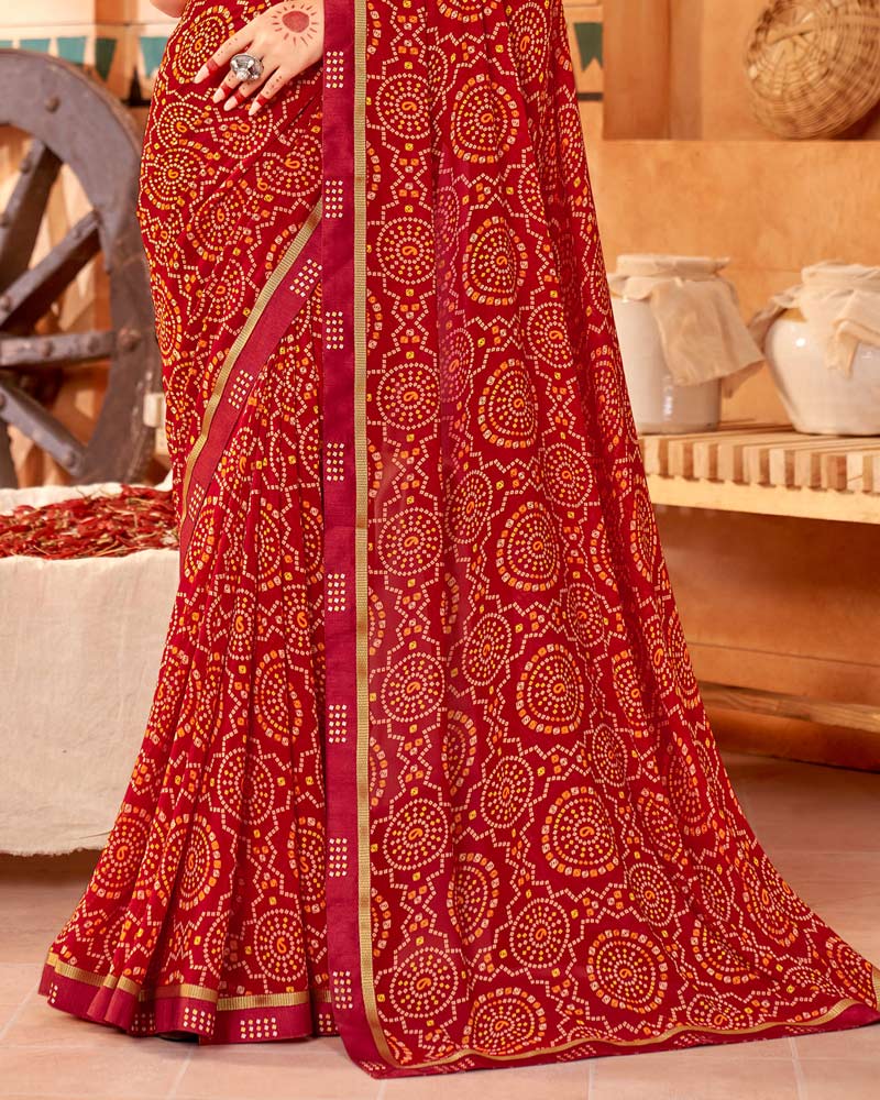Vishal Prints Dark Red Printed Georgette Saree With Fancy Border