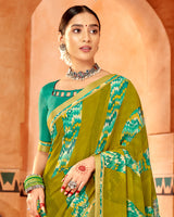 Vishal Prints Mehandi Green Printed Georgette Saree With Fancy Border
