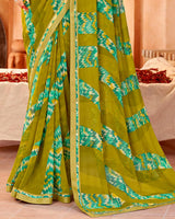 Vishal Prints Mehandi Green Printed Georgette Saree With Fancy Border