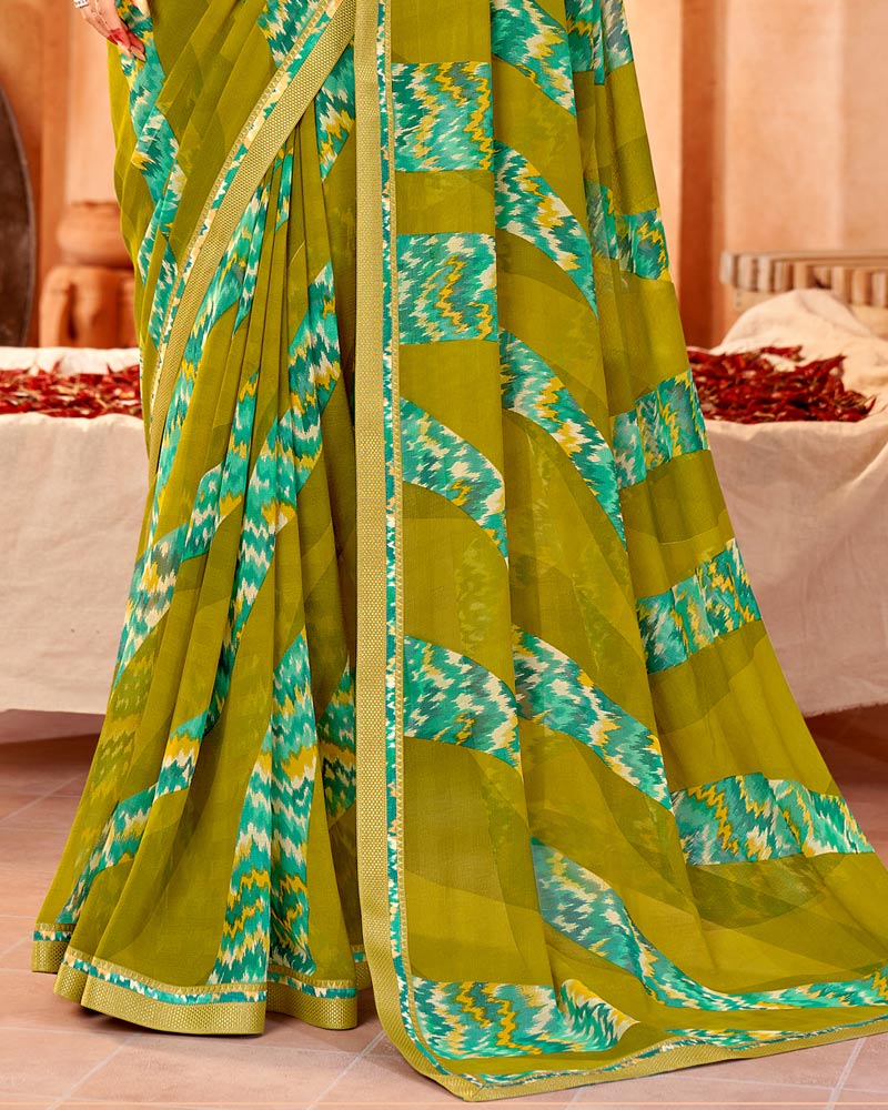 Vishal Prints Mehandi Green Printed Georgette Saree With Fancy Border