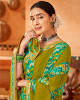 Vishal Prints Mehandi Green Printed Georgette Saree With Fancy Border