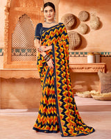 Vishal Prints Dark Navy Blue Printed Georgette Saree With Fancy Border
