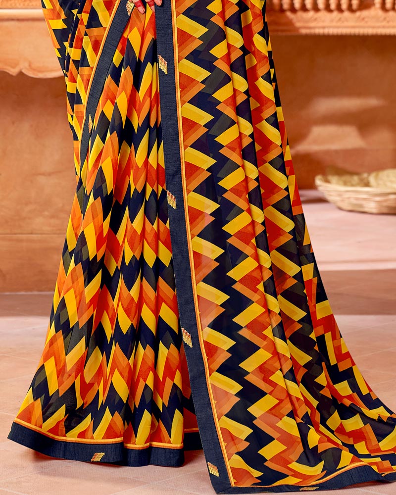 Vishal Prints Dark Navy Blue Printed Georgette Saree With Fancy Border
