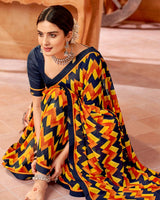 Vishal Prints Dark Navy Blue Printed Georgette Saree With Fancy Border