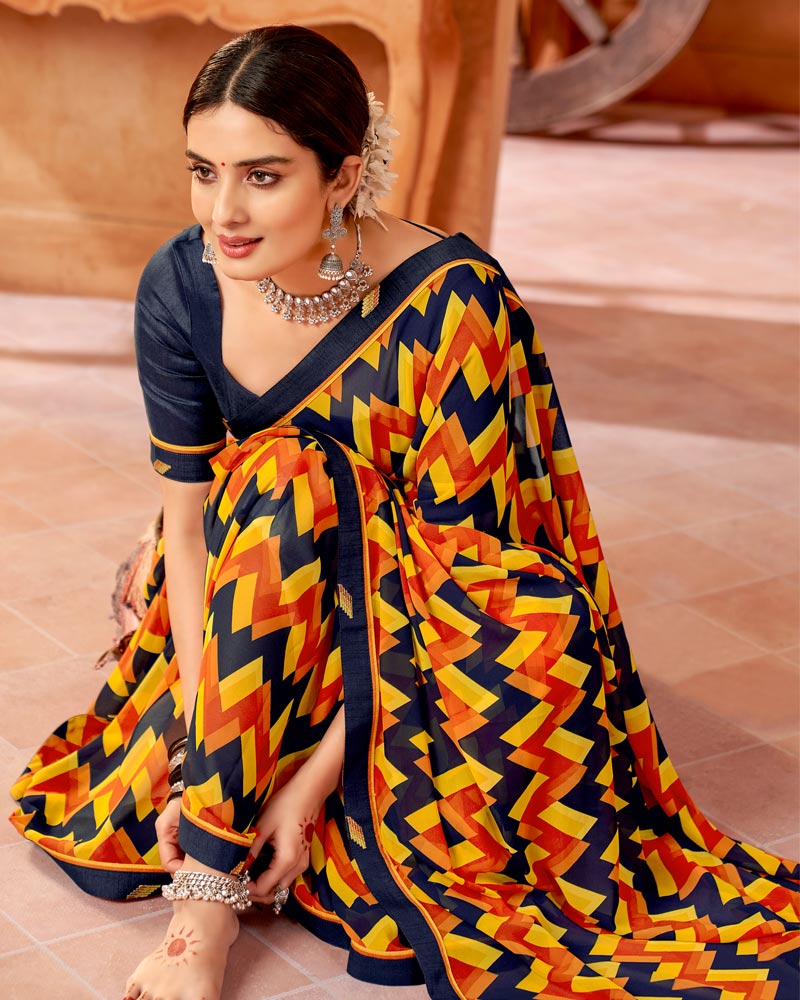 Vishal Prints Dark Navy Blue Printed Georgette Saree With Fancy Border