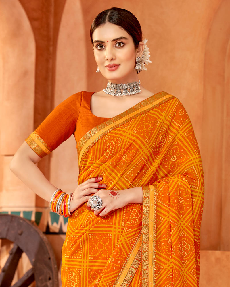 Vishal Prints Orange Printed Georgette Saree With Fancy Border