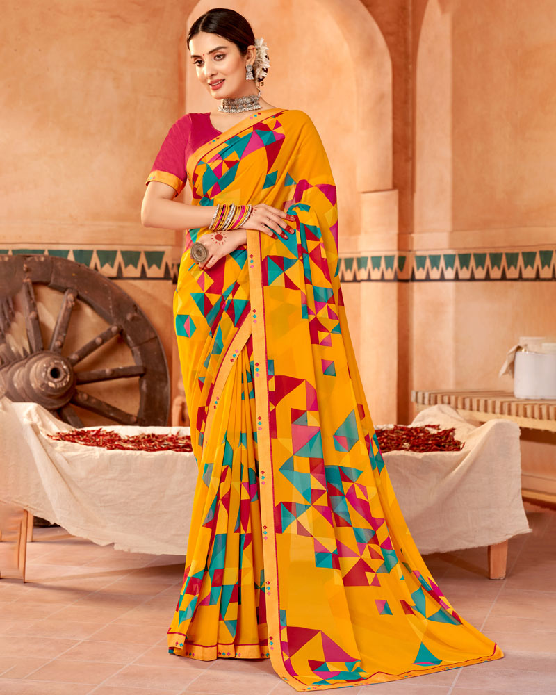 Vishal Prints Golden Yellow Printed Georgette Saree With Fancy Border