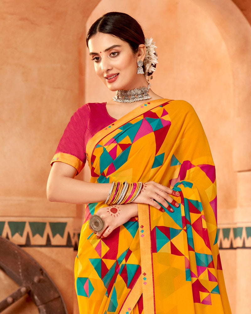 Vishal Prints Golden Yellow Printed Georgette Saree With Fancy Border