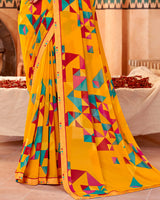 Vishal Prints Golden Yellow Printed Georgette Saree With Fancy Border