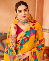 Vishal Prints Golden Yellow Printed Georgette Saree With Fancy Border