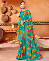 Vishal Prints Dark Turquoise Blue Printed Georgette Saree With Fancy Border