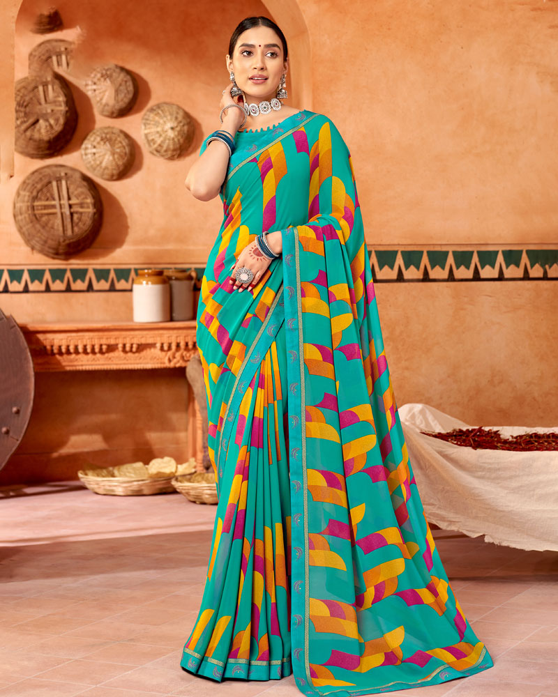 Vishal Prints Dark Turquoise Blue Printed Georgette Saree With Fancy Border