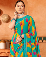 Vishal Prints Dark Turquoise Blue Printed Georgette Saree With Fancy Border