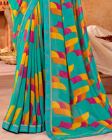 Vishal Prints Dark Turquoise Blue Printed Georgette Saree With Fancy Border