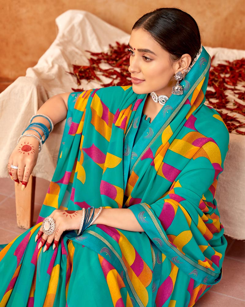 Vishal Prints Dark Turquoise Blue Printed Georgette Saree With Fancy Border