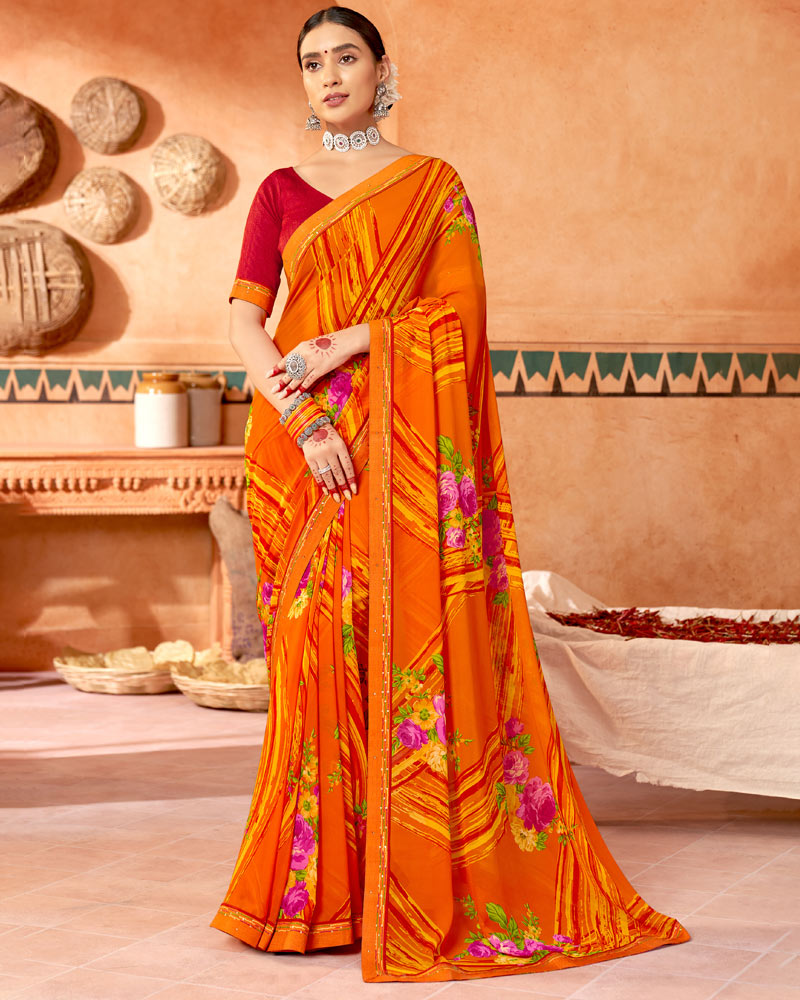 Vishal Prints Dark Orange Printed Georgette Saree With Fancy Border