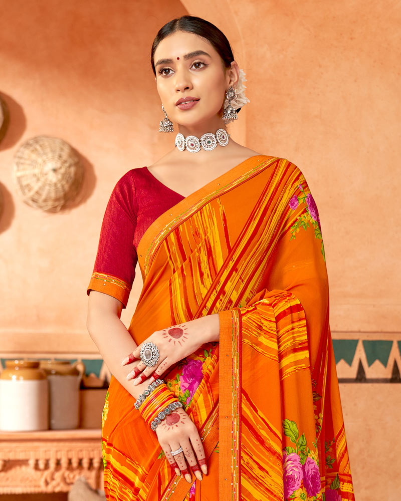 Vishal Prints Dark Orange Printed Georgette Saree With Fancy Border