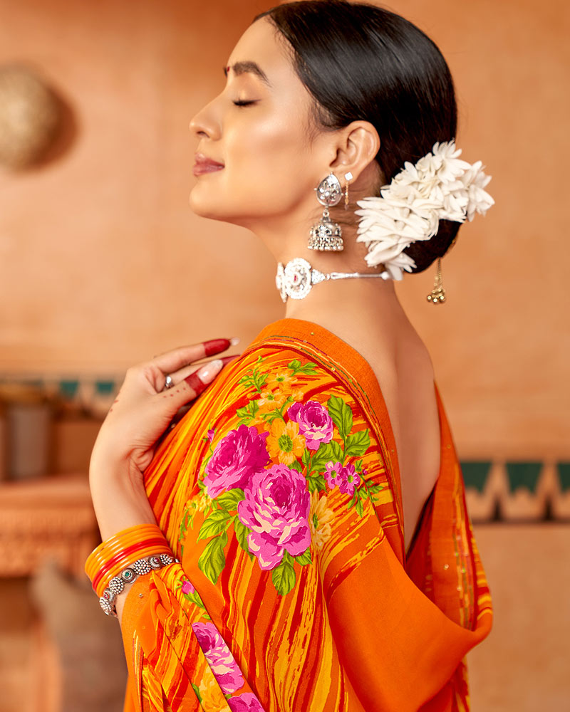Vishal Prints Dark Orange Printed Georgette Saree With Fancy Border