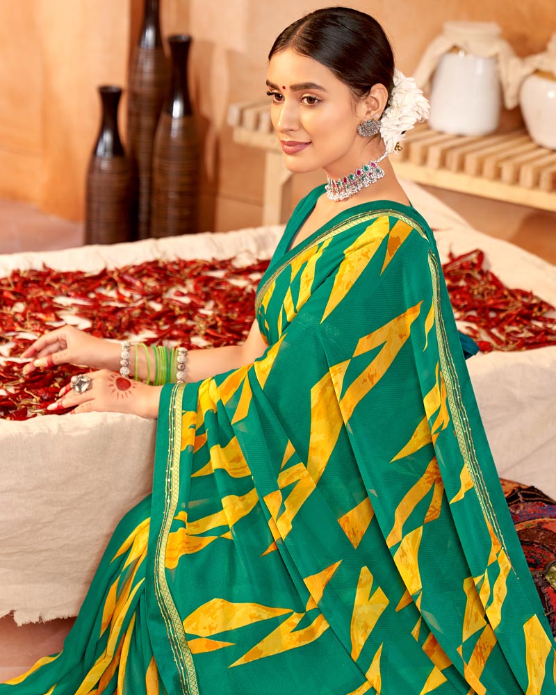 Vishal Prints Rama Green Printed Georgette Saree With Fancy Border