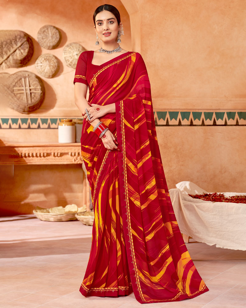 Vishal Prints Dark Red Printed Georgette Saree With Fancy Border