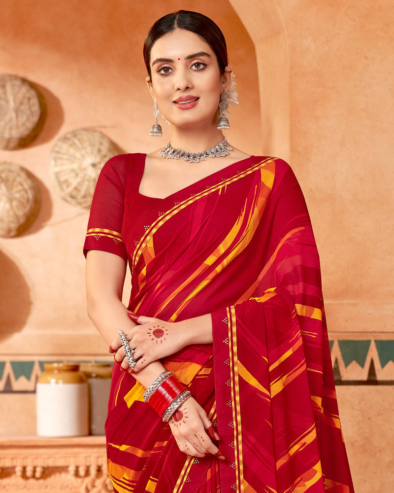 Vishal Prints Dark Red Printed Georgette Saree With Fancy Border