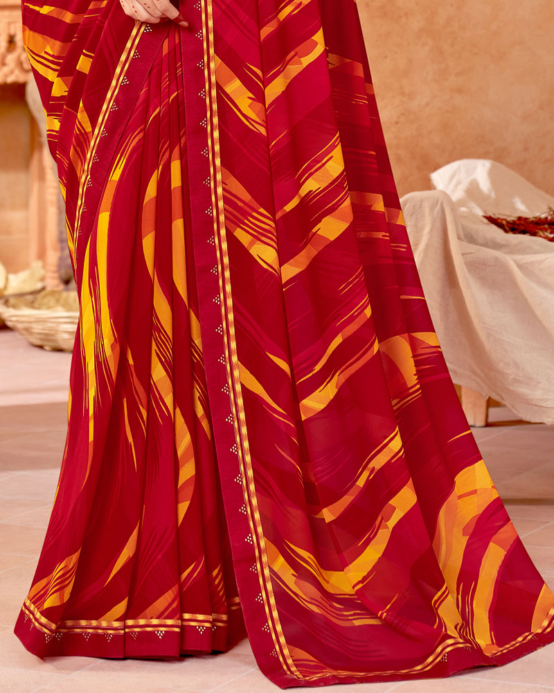 Vishal Prints Dark Red Printed Georgette Saree With Fancy Border