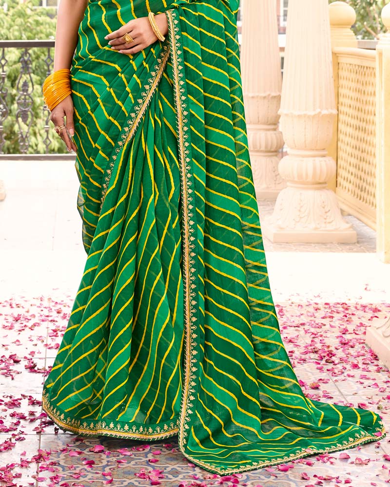 Vishal Prints Forest Green Printed Chiffon Traditional Saree With Fancy Embroidery Border
