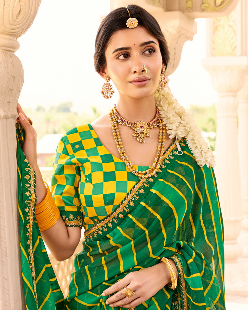 Vishal Prints Forest Green Printed Chiffon Traditional Saree With Fancy Embroidery Border