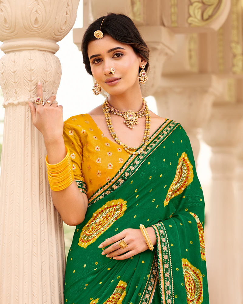Vishal Prints Dark Green Printed Chiffon Traditional Saree With Fancy Embroidery Border
