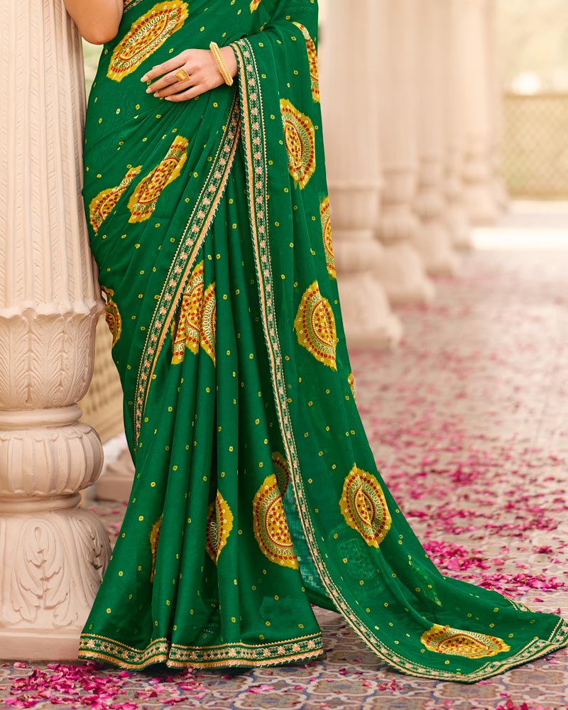 Vishal Prints Dark Green Printed Chiffon Traditional Saree With Fancy Embroidery Border